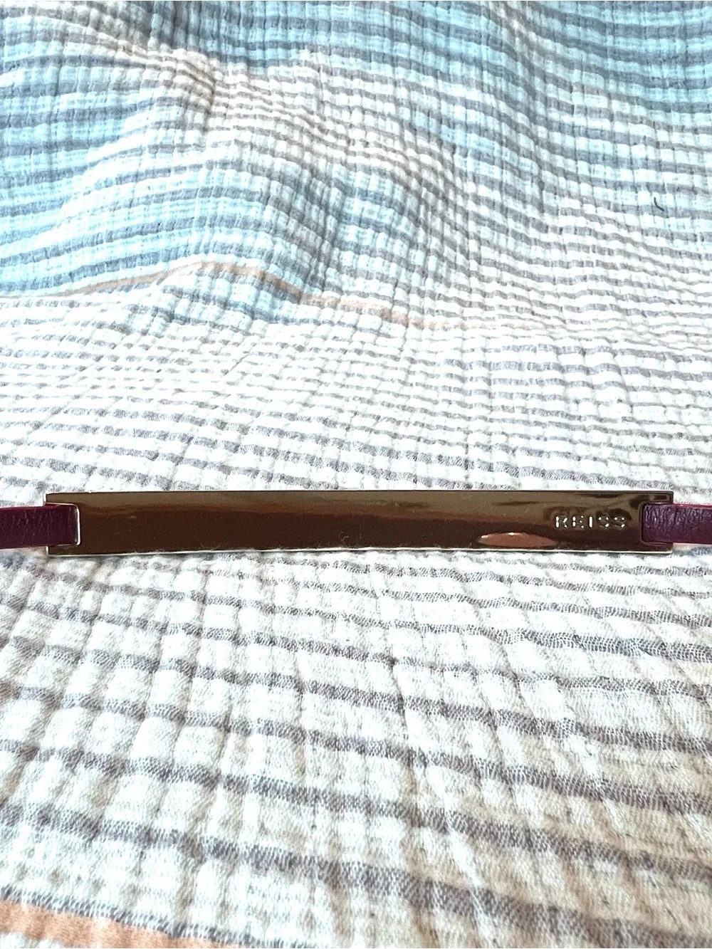 REISS Berry Pink Red Skinny Leather Belt Gold Hardware Plate Bar S